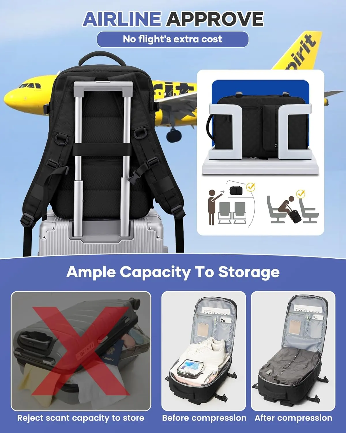 Travel Vacuum Storage Backpack with Air Pump Vacuum Seal Compression Space Saver Bags Clothing Vacpack Airback 18x14x8 inches Travel Bag Carry on Personal item Laptop Work Backpacks Women Men Black