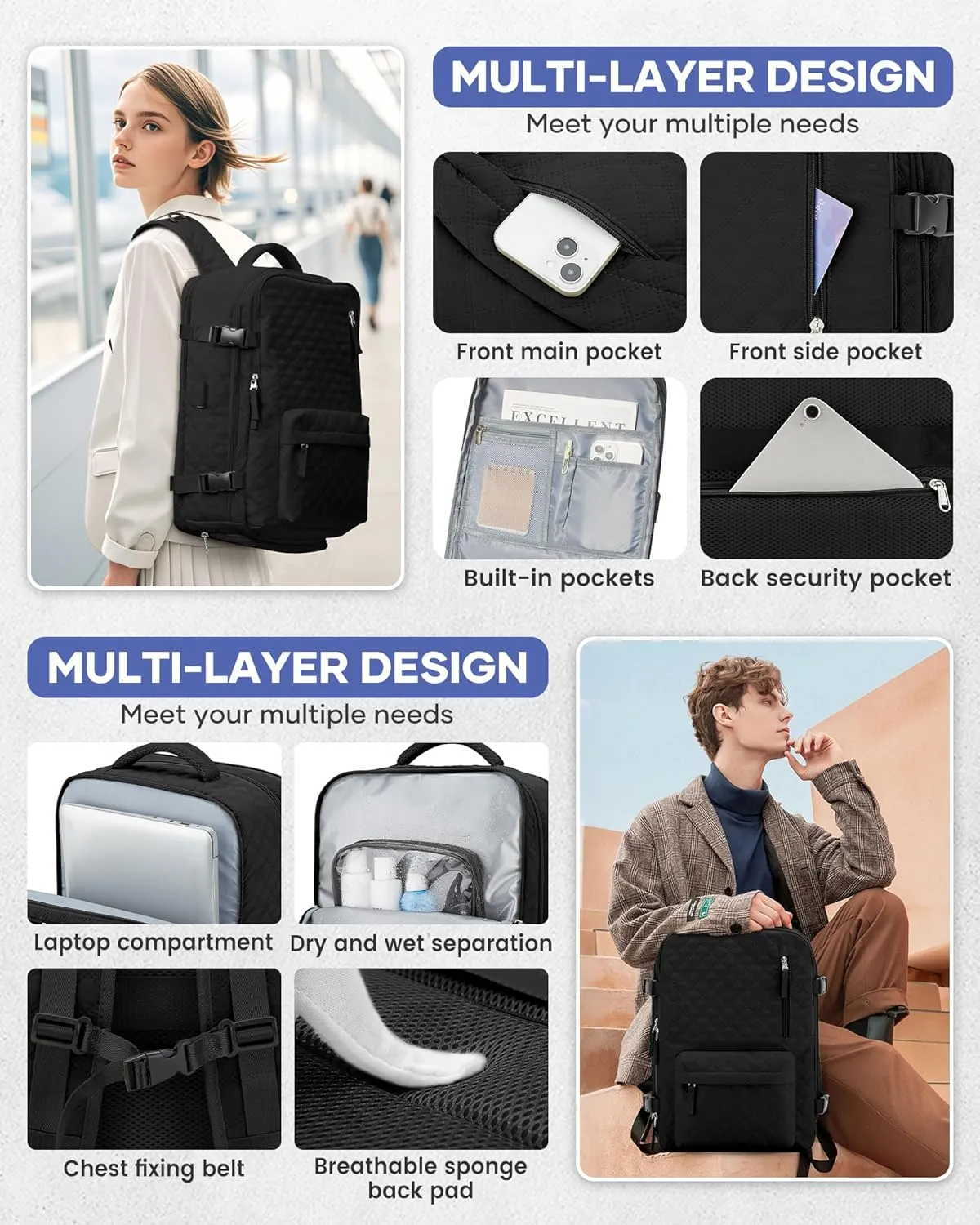 Travel Vacuum Storage Backpack with Air Pump Vacuum Seal Compression Space Saver Bags Clothing Vacpack Airback 18x14x8 inches Travel Bag Carry on Personal item Laptop Work Backpacks Women Men Black