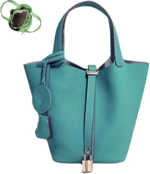 Trendy Plain Color Leather Handbag with Lock Design, Stylish Lock Design Bucket Bags, Leather Handbags for Women