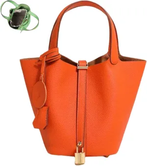 Trendy Plain Color Leather Handbag with Lock Design, Stylish Lock Design Bucket Bags, Leather Handbags for Women