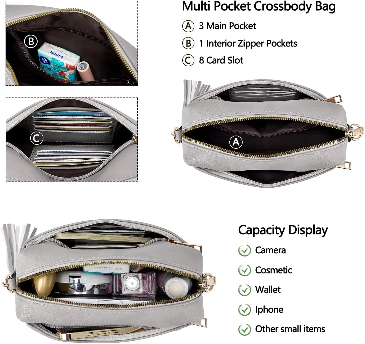 Triple Zip Small Crossbody Bag for women,Wide Strap Cell Phone Purse Shoulder Handbag Wallet with Credit Card Slots
