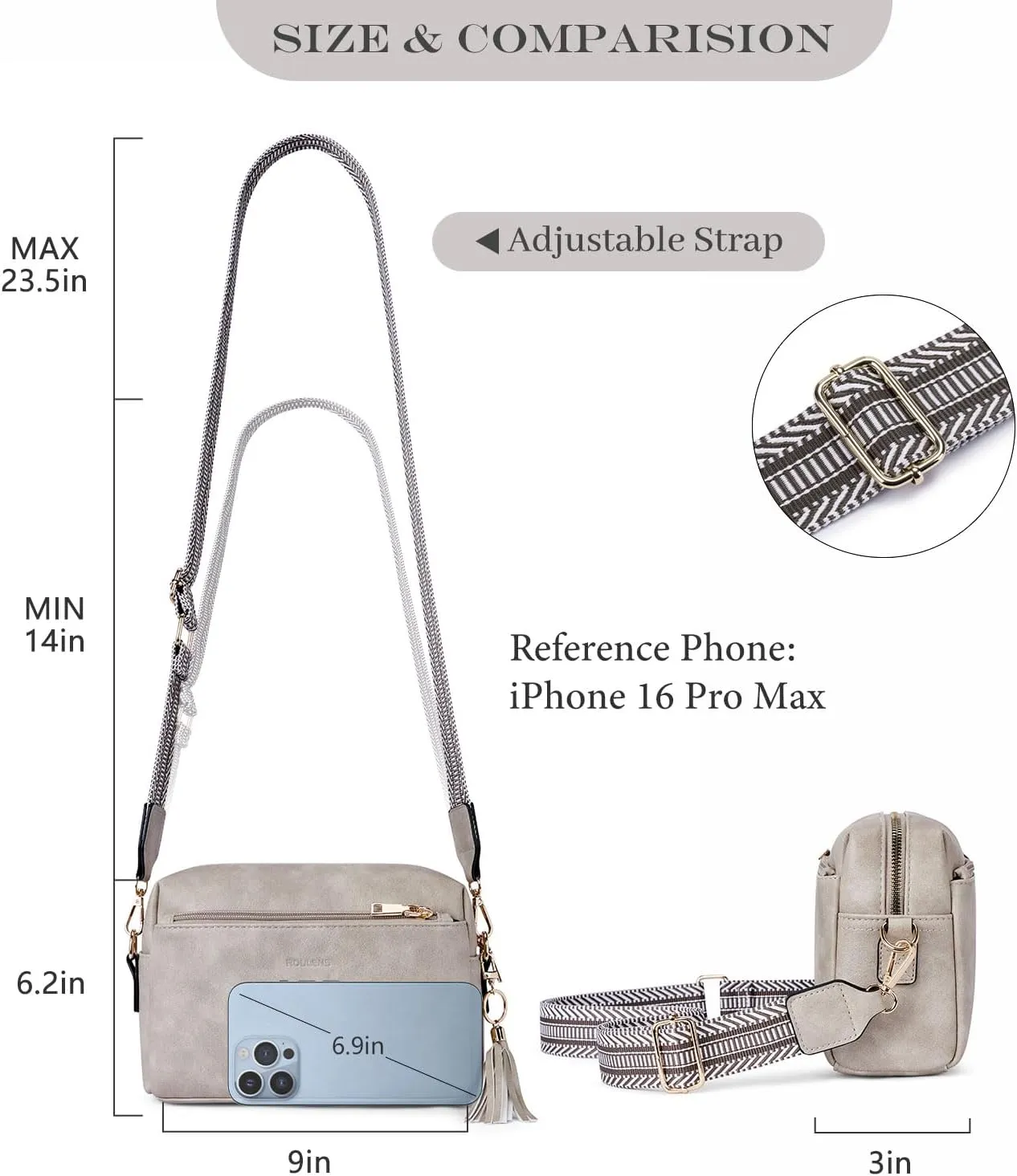 Triple Zip Small Crossbody Bag for women,Wide Strap Cell Phone Purse Shoulder Handbag Wallet with Credit Card Slots