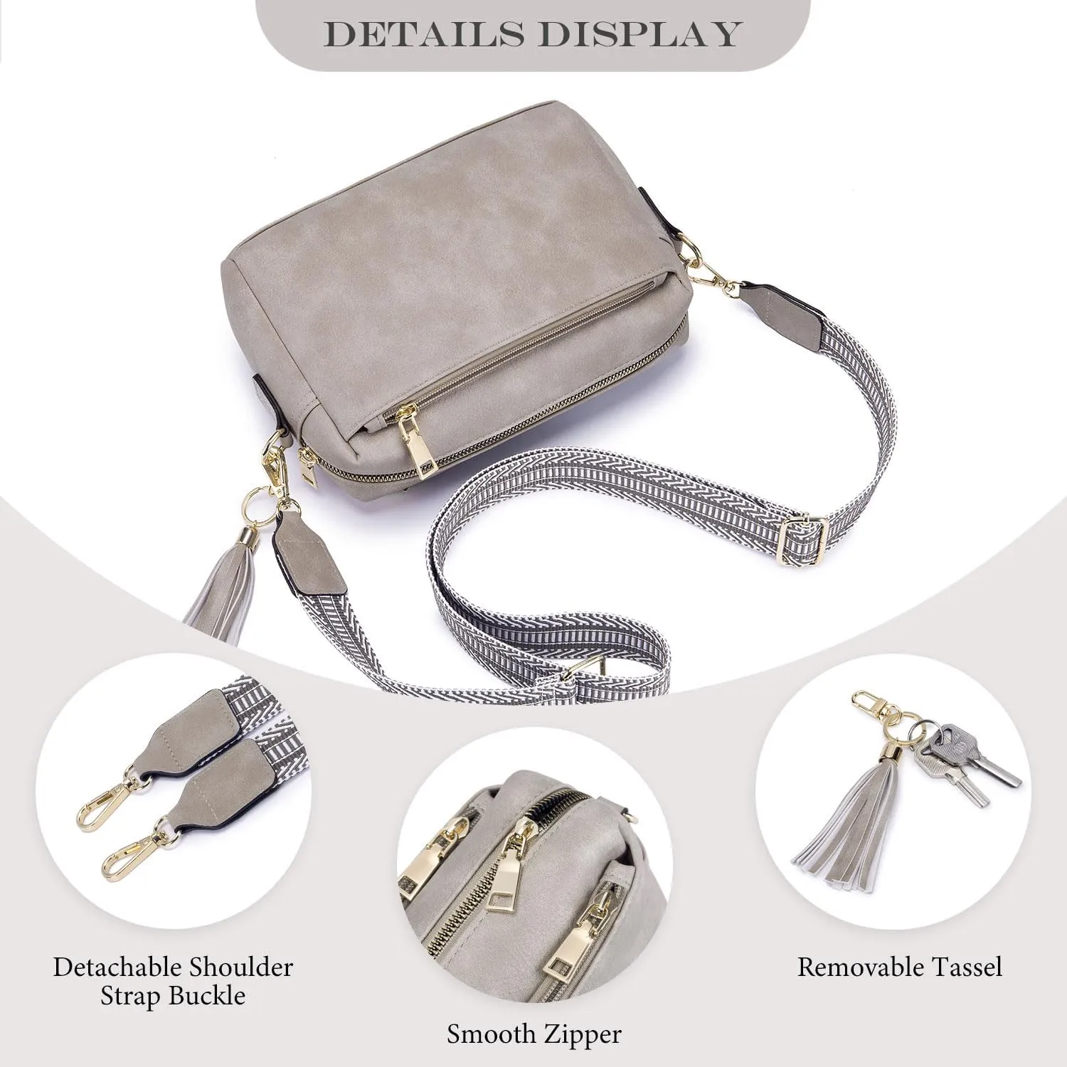 Triple Zip Small Crossbody Bag for women,Wide Strap Cell Phone Purse Shoulder Handbag Wallet with Credit Card Slots