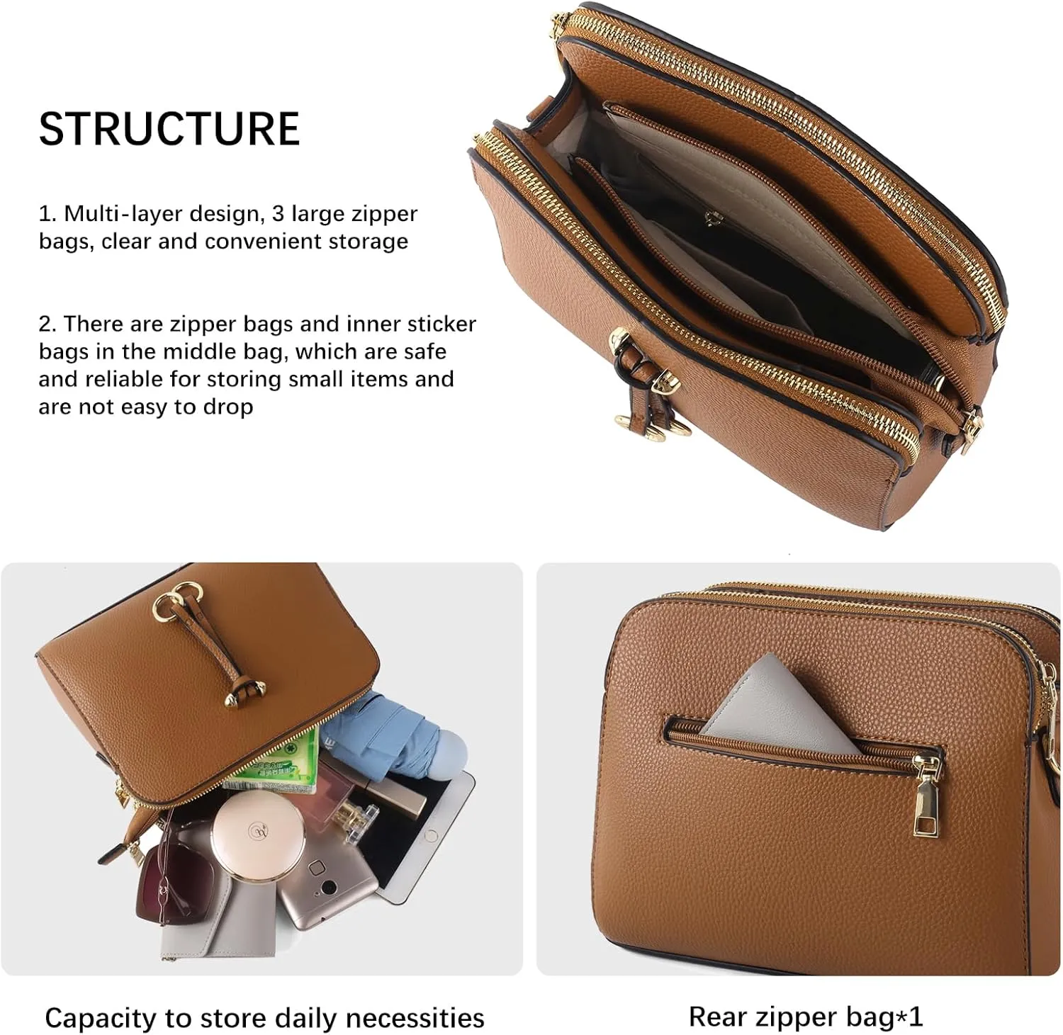 Triple Zip Small Crossbody Bags for Women Vegan Leather Purses Shoulder Handbags,Wide Strap Cell Phone Purse