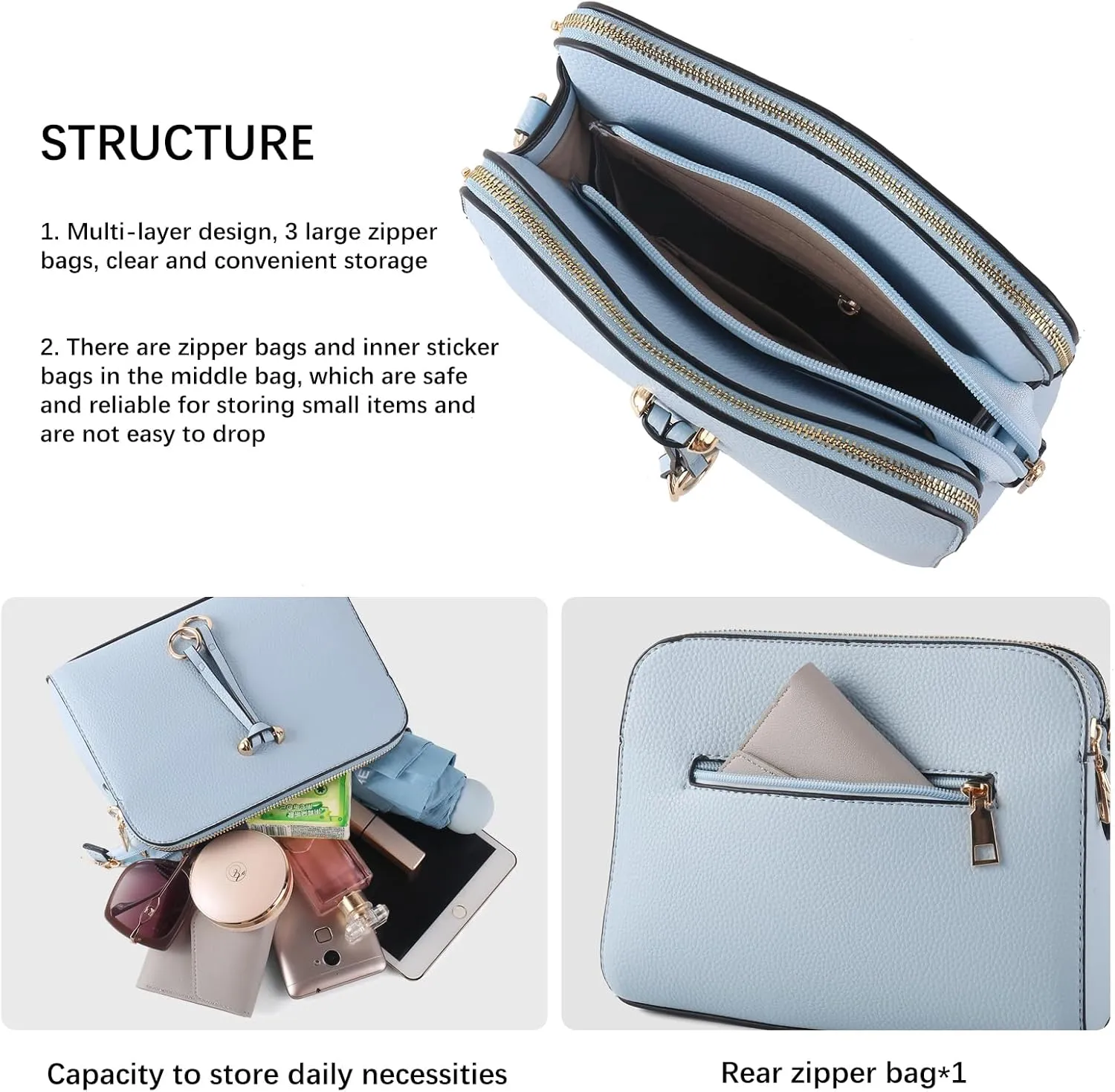 Triple Zip Small Crossbody Bags for Women Vegan Leather Purses Shoulder Handbags,Wide Strap Cell Phone Purse