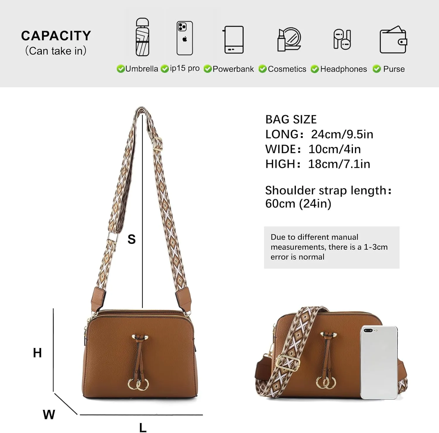 Triple Zip Small Crossbody Bags for Women Vegan Leather Purses Shoulder Handbags,Wide Strap Cell Phone Purse