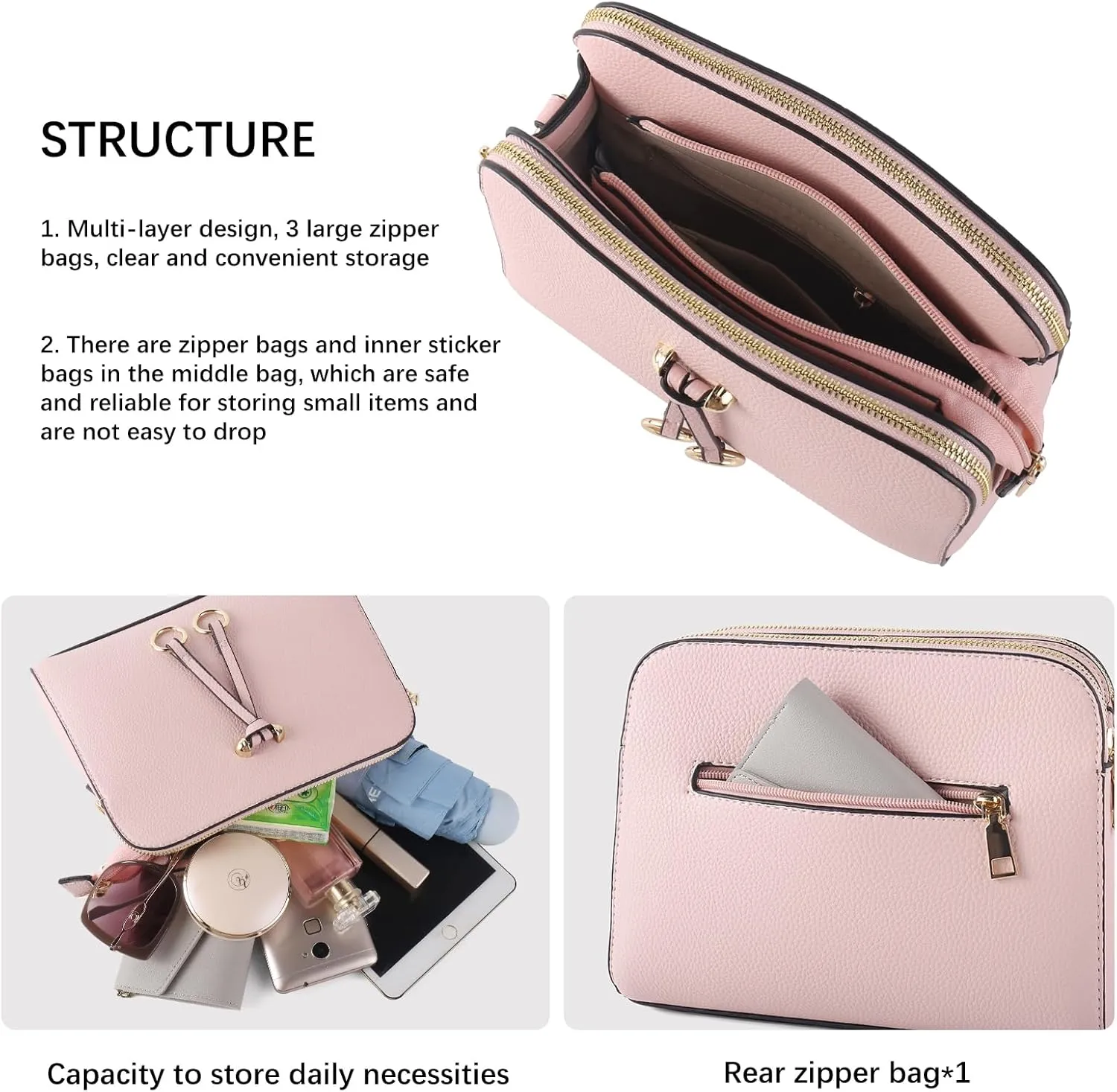 Triple Zip Small Crossbody Bags for Women Vegan Leather Purses Shoulder Handbags,Wide Strap Cell Phone Purse