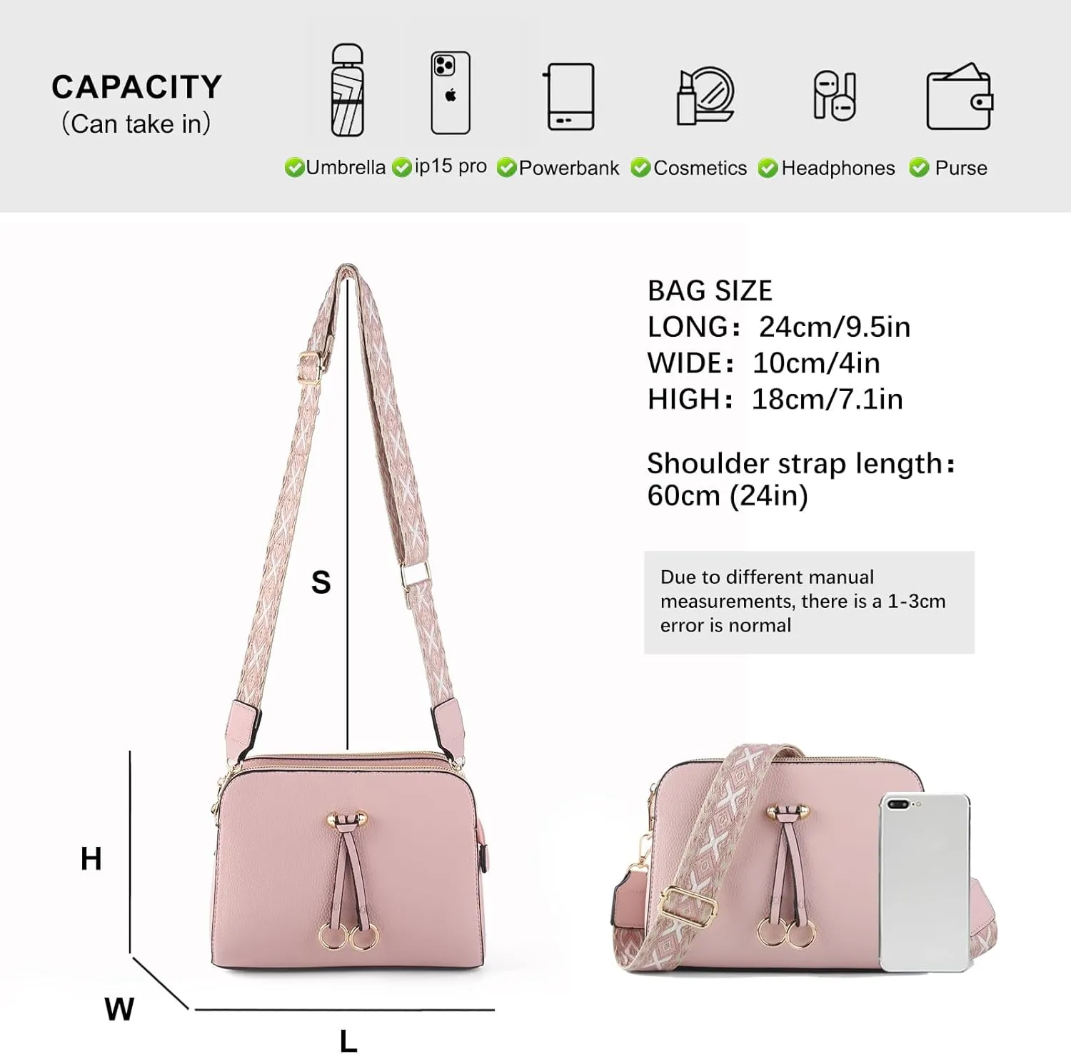 Triple Zip Small Crossbody Bags for Women Vegan Leather Purses Shoulder Handbags,Wide Strap Cell Phone Purse