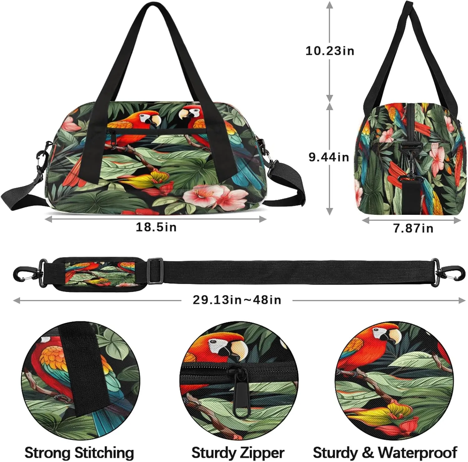 Tropical Bird Parrot Kids Duffel Bag Lightweight Waterproof Sports Gym Bag with Front Zipper Pocket Foldable Weekender Overnight Bag for School Practice Gymnastic Ballet