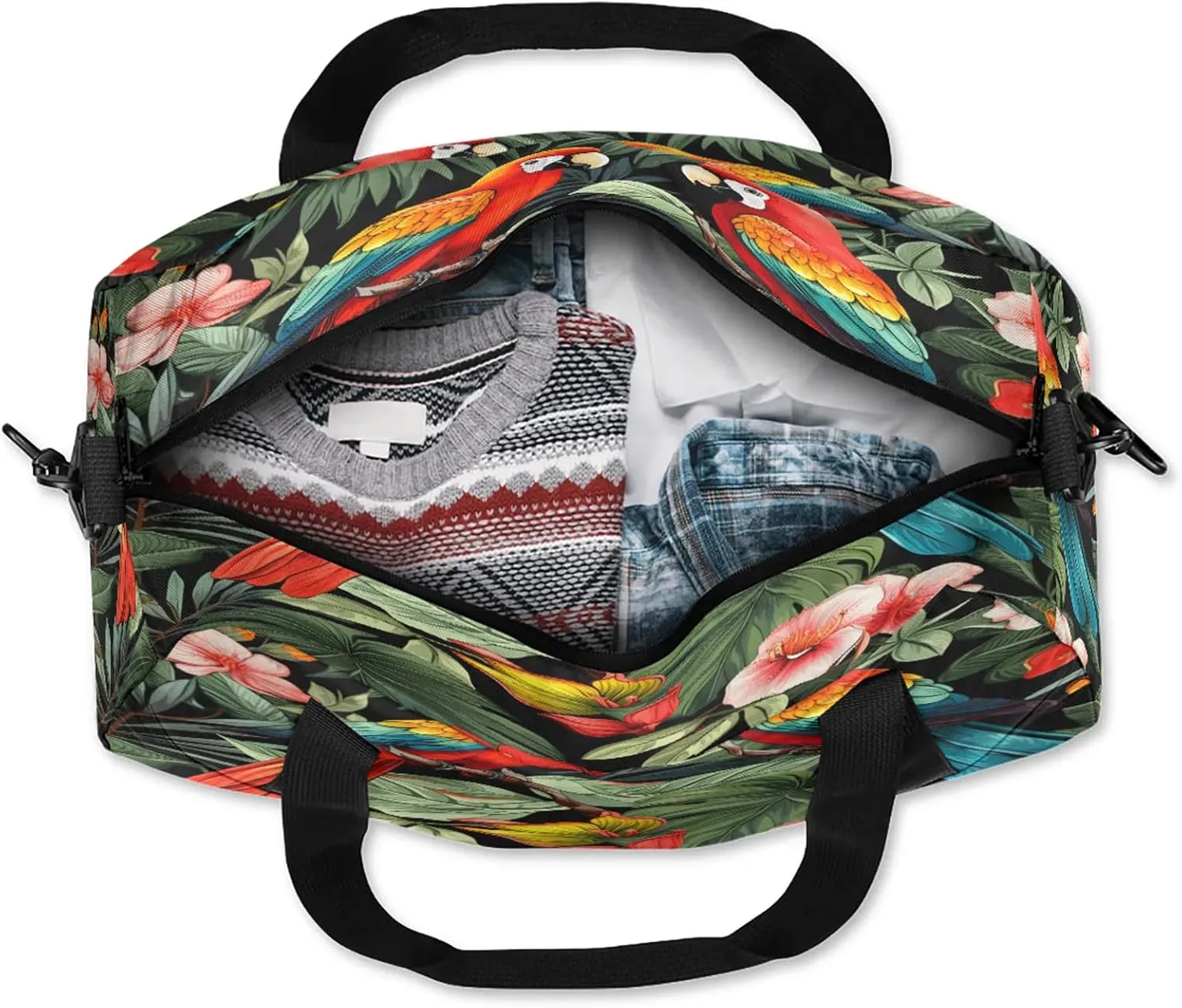 Tropical Bird Parrot Kids Duffel Bag Lightweight Waterproof Sports Gym Bag with Front Zipper Pocket Foldable Weekender Overnight Bag for School Practice Gymnastic Ballet