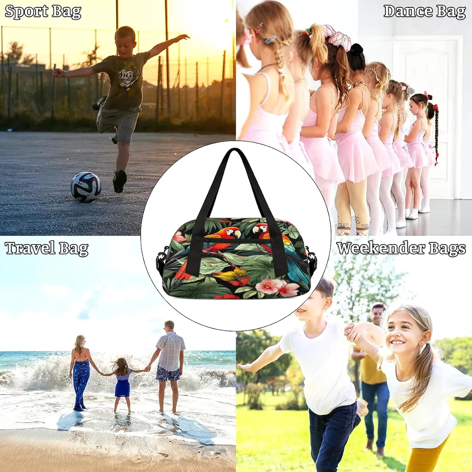 Tropical Bird Parrot Kids Duffel Bag Lightweight Waterproof Sports Gym Bag with Front Zipper Pocket Foldable Weekender Overnight Bag for School Practice Gymnastic Ballet