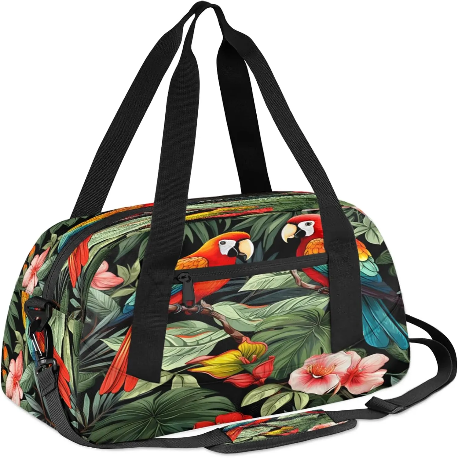 Tropical Bird Parrot Kids Duffel Bag Lightweight Waterproof Sports Gym Bag with Front Zipper Pocket Foldable Weekender Overnight Bag for School Practice Gymnastic Ballet