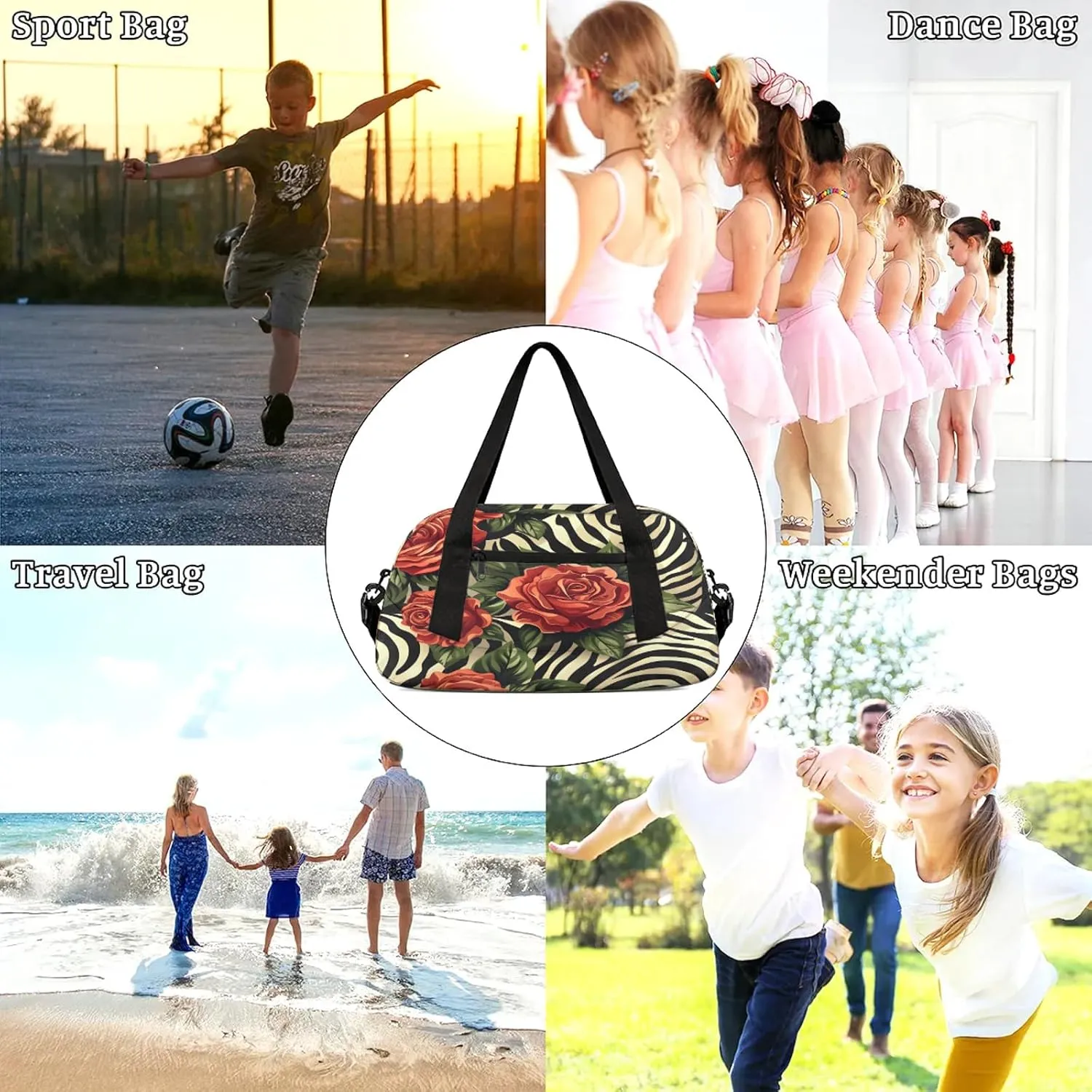 Tropical Floral Leaves Plant Flower Kids Duffel Bag Lightweight Waterproof Sports Gym Bag with Front Zipper Pocket Foldable Weekender Overnight Bag for School Practice Gymnastic Ballet