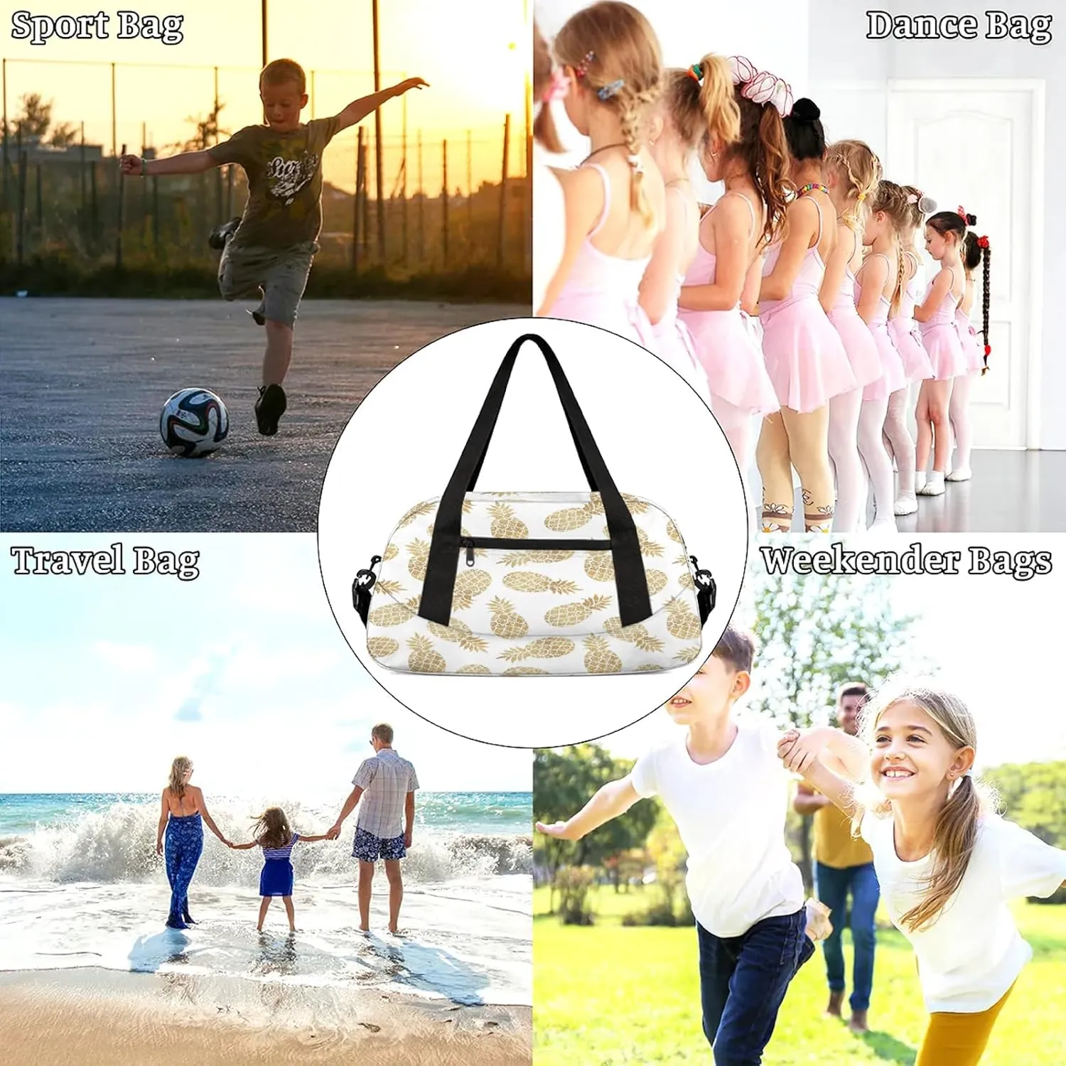 Tropical Fruit Gold Pineapple Kids Duffel Bag Lightweight Waterproof Sports Gym Bag with Front Zipper Pocket Foldable Weekender Overnight Bag for School Practice Gymnastic Ballet