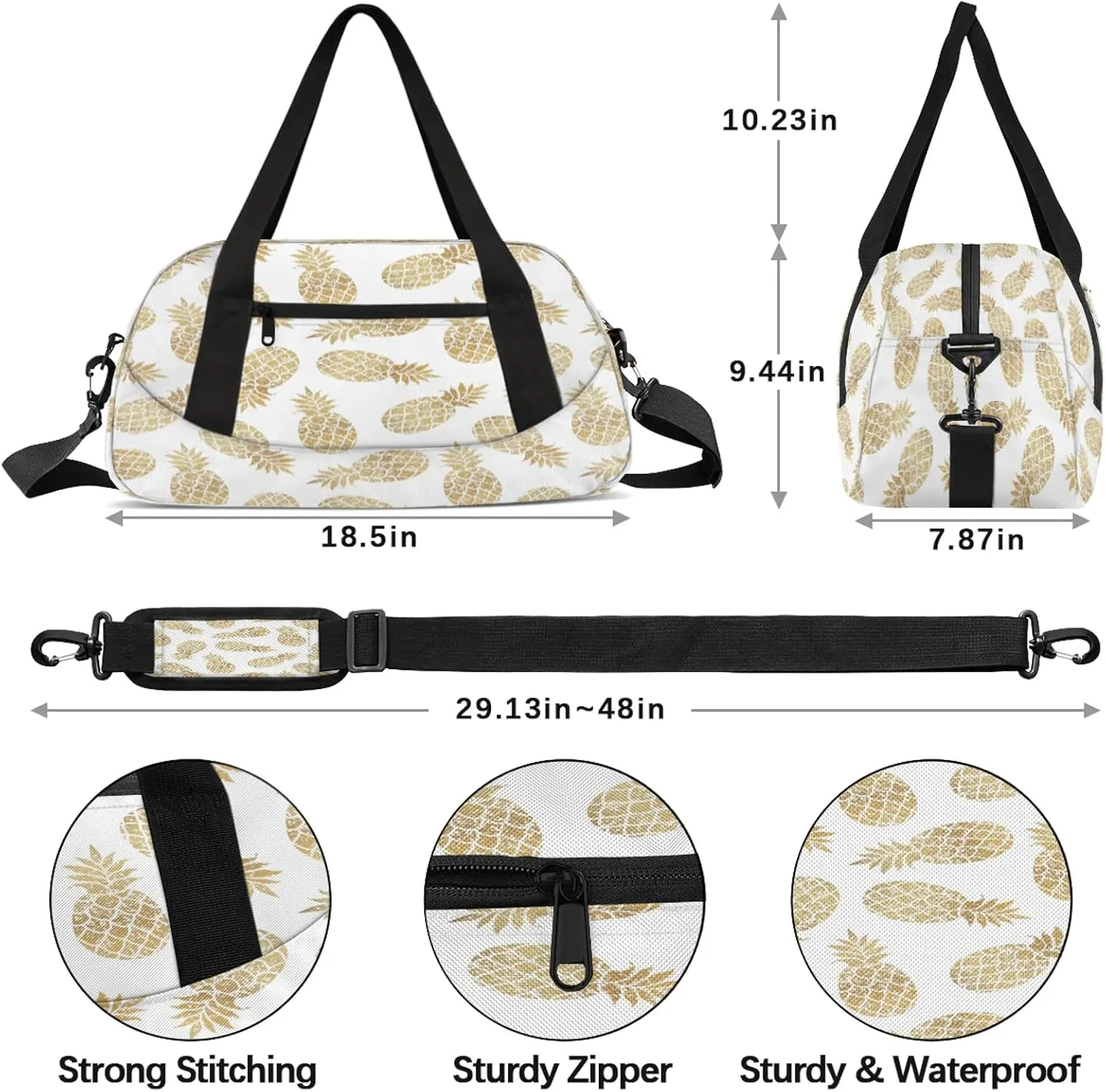 Tropical Fruit Gold Pineapple Kids Duffel Bag Lightweight Waterproof Sports Gym Bag with Front Zipper Pocket Foldable Weekender Overnight Bag for School Practice Gymnastic Ballet