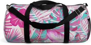 Tropical Pink Duffel Bag – Vibrant Monstera & Floral Print – Lightweight Travel Bag with Black Straps