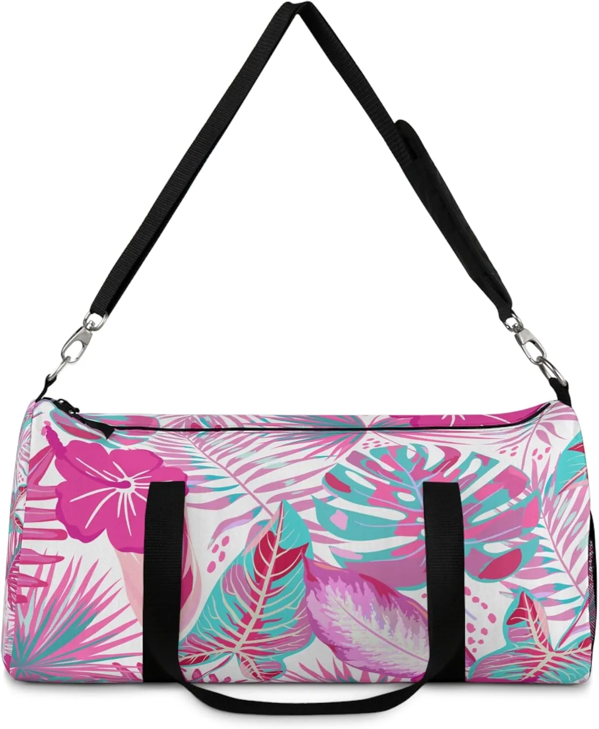 Tropical Pink Duffel Bag – Vibrant Monstera & Floral Print – Lightweight Travel Bag with Black Straps