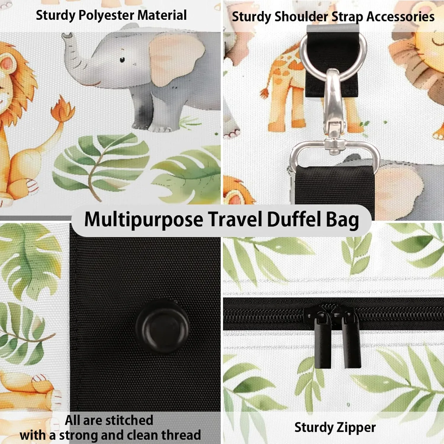 Tropical Rainfore Elephant Giraffe Lion Travel Duffle Bag, Sports Gym Bags for Women Men, Carry On Weekender Overnight Workout Airplane Trips Bag