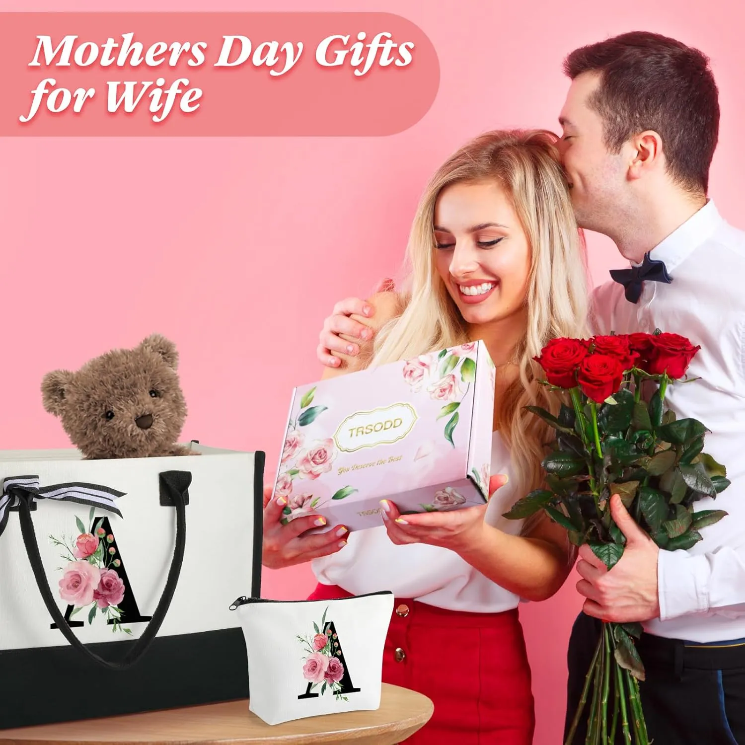 TRSODD Birthday Gifts for Women Mothers Day Gifts for Mom Wife Grandma Daughter Sister Teacher Initial Tote Bag with Adjustable Shoulder Strap and Makeup Bag E