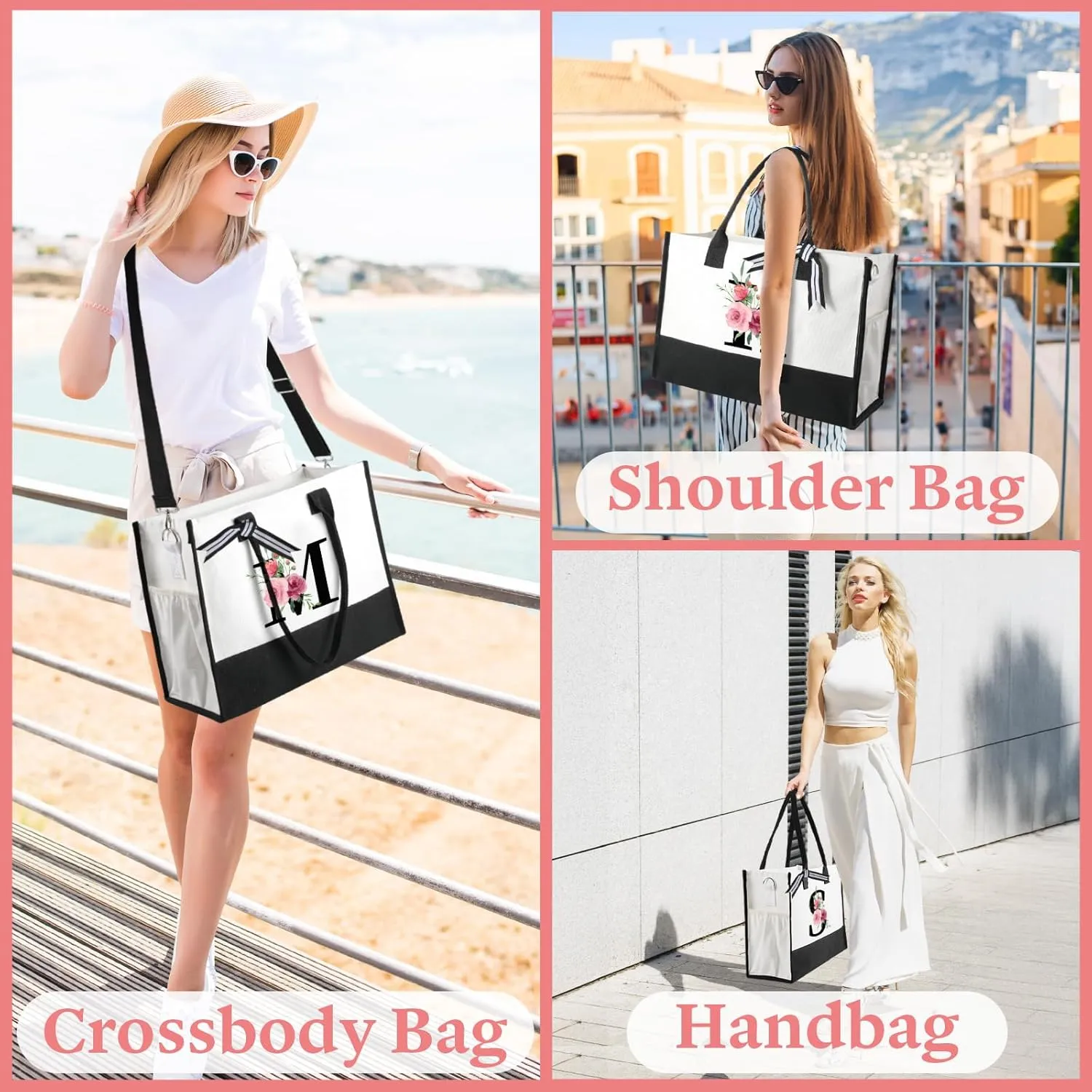 TRSODD Birthday Gifts for Women Mothers Day Gifts for Mom Wife Grandma Daughter Sister Teacher Initial Tote Bag with Adjustable Shoulder Strap and Makeup Bag E