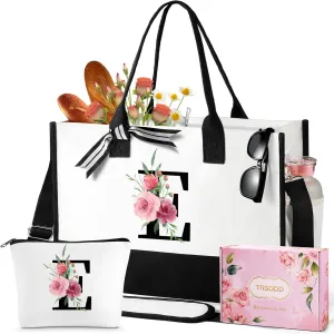 TRSODD Birthday Gifts for Women Mothers Day Gifts for Mom Wife Grandma Daughter Sister Teacher Initial Tote Bag with Adjustable Shoulder Strap and Makeup Bag E