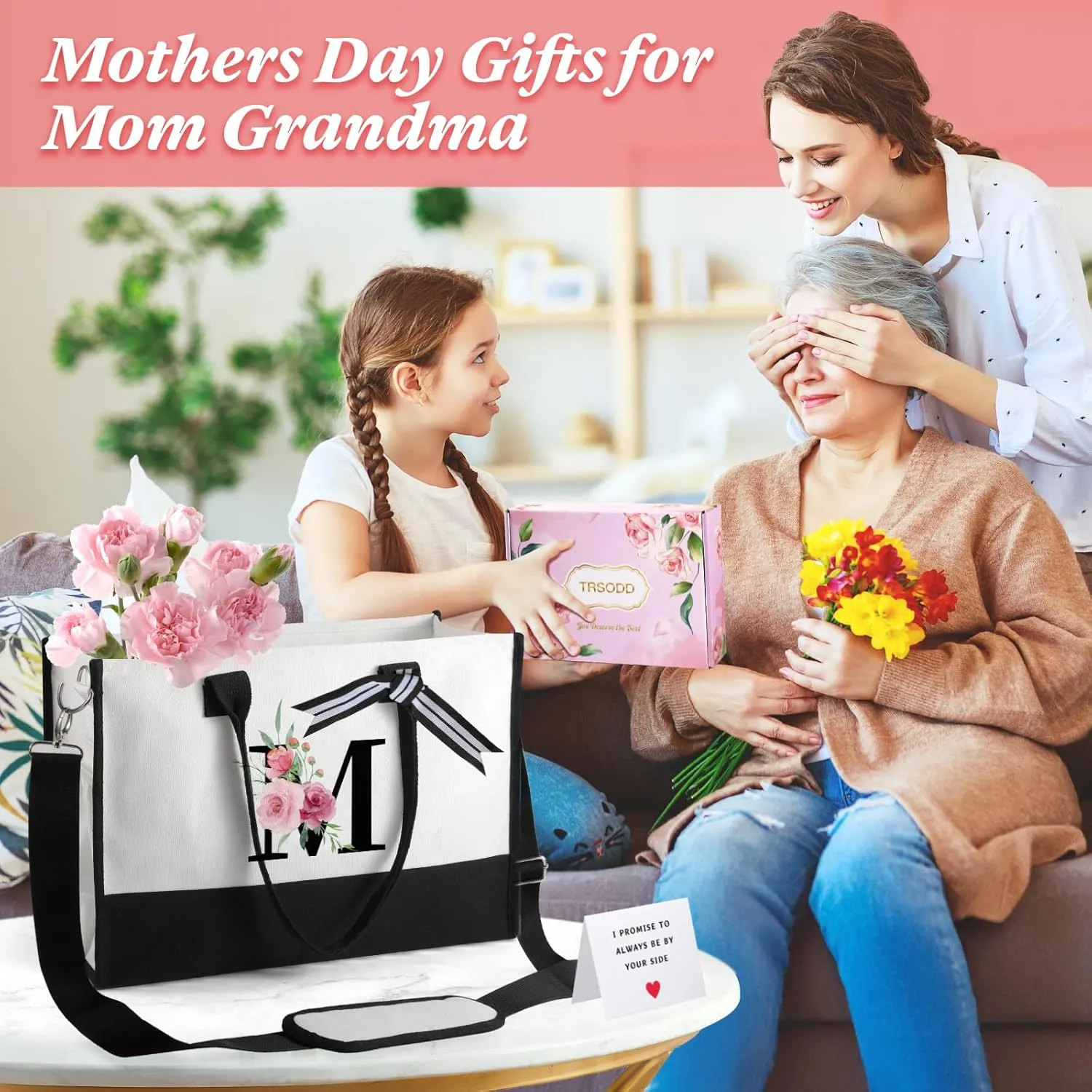 TRSODD Birthday Gifts for Women Mothers Day Gifts for Mom Wife Grandma Daughter Sister Teacher Initial Tote Bag with Adjustable Shoulder Strap and Makeup Bag E