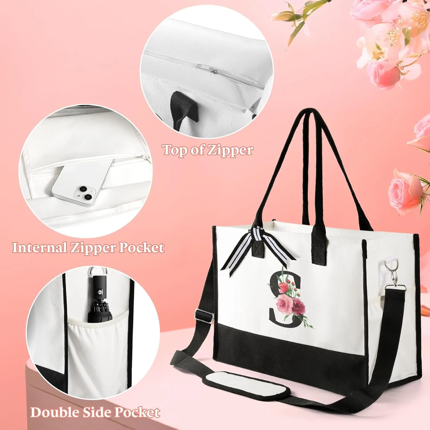 TRSODD Birthday Gifts for Women Mothers Day Gifts for Mom Wife Grandma Daughter Sister Teacher Initial Tote Bag with Adjustable Shoulder Strap and Makeup Bag E