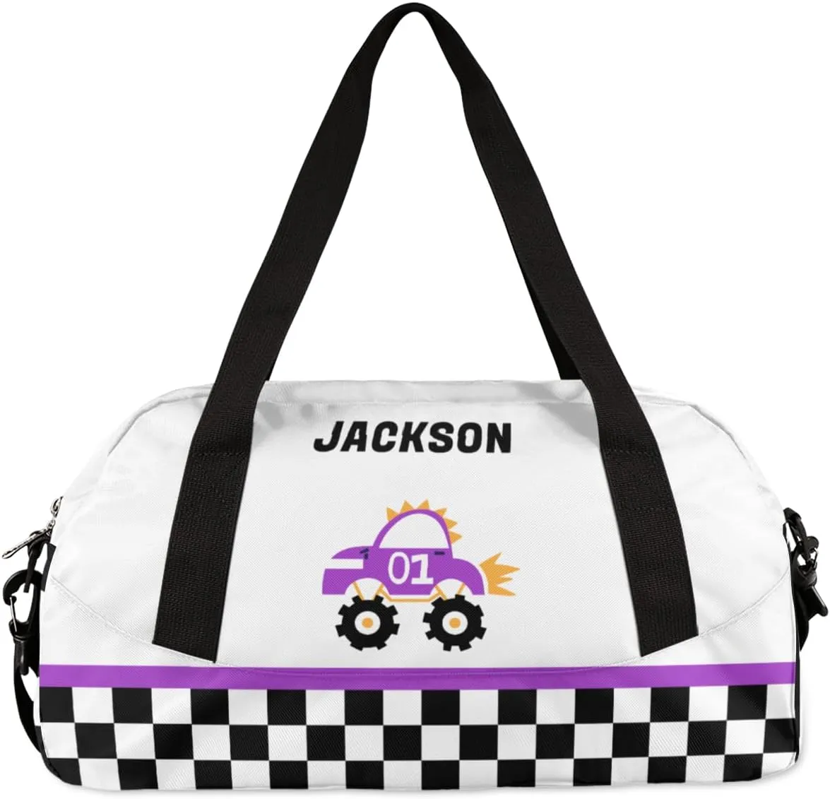 Truck Car Custom Name Kids Overnight Duffel Bags Boys Buffalo Plaid Personalized Sport Gym Bag Customized Duffel Bag for Travel Weekender Practice Gymnastics
