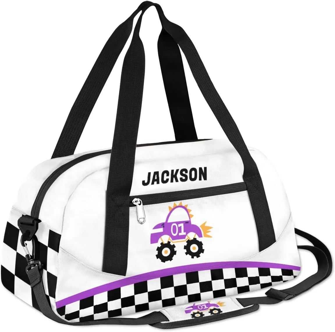 Truck Car Custom Name Kids Overnight Duffel Bags Boys Buffalo Plaid Personalized Sport Gym Bag Customized Duffel Bag for Travel Weekender Practice Gymnastics