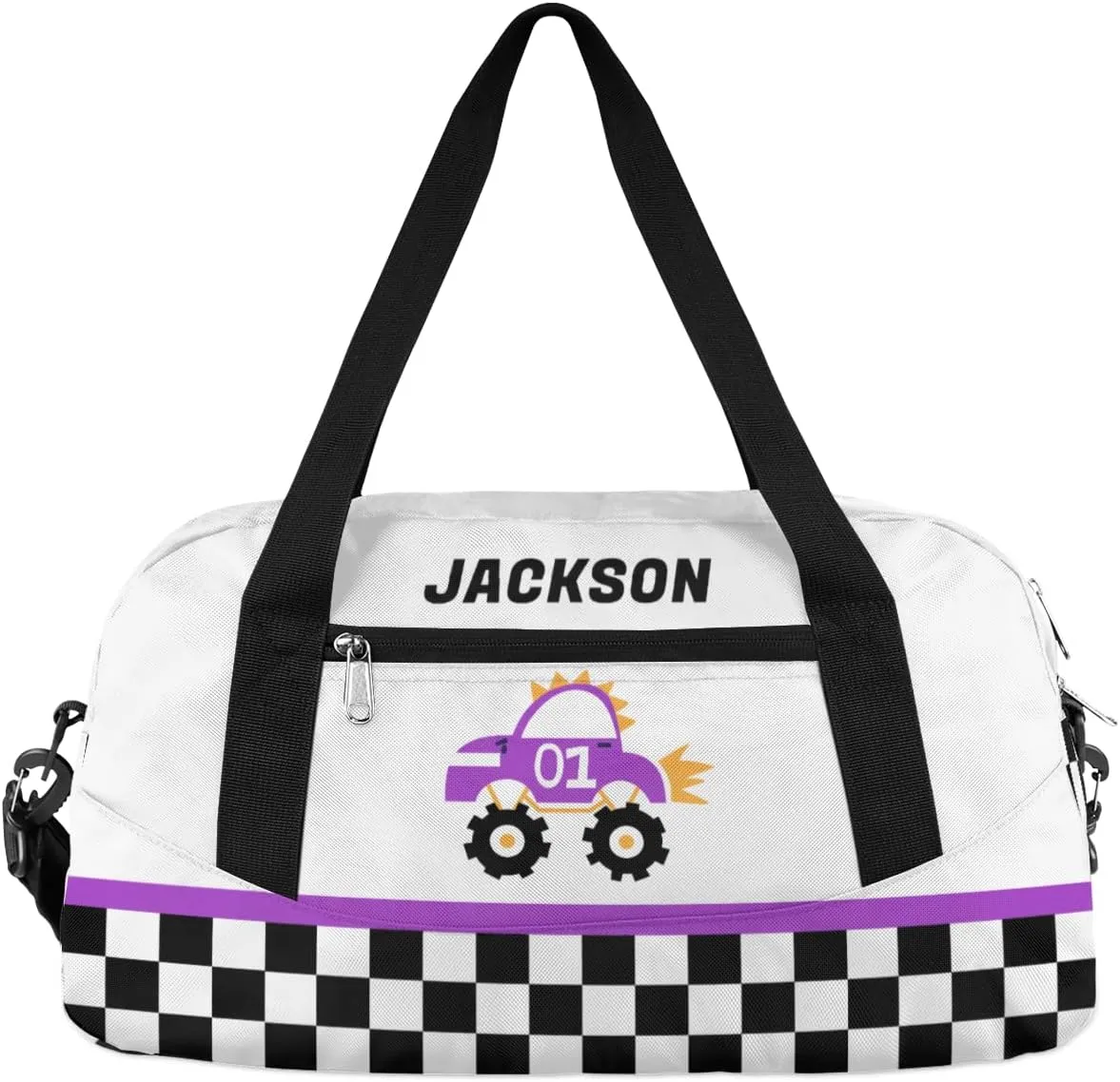 Truck Car Custom Name Kids Overnight Duffel Bags Boys Buffalo Plaid Personalized Sport Gym Bag Customized Duffel Bag for Travel Weekender Practice Gymnastics