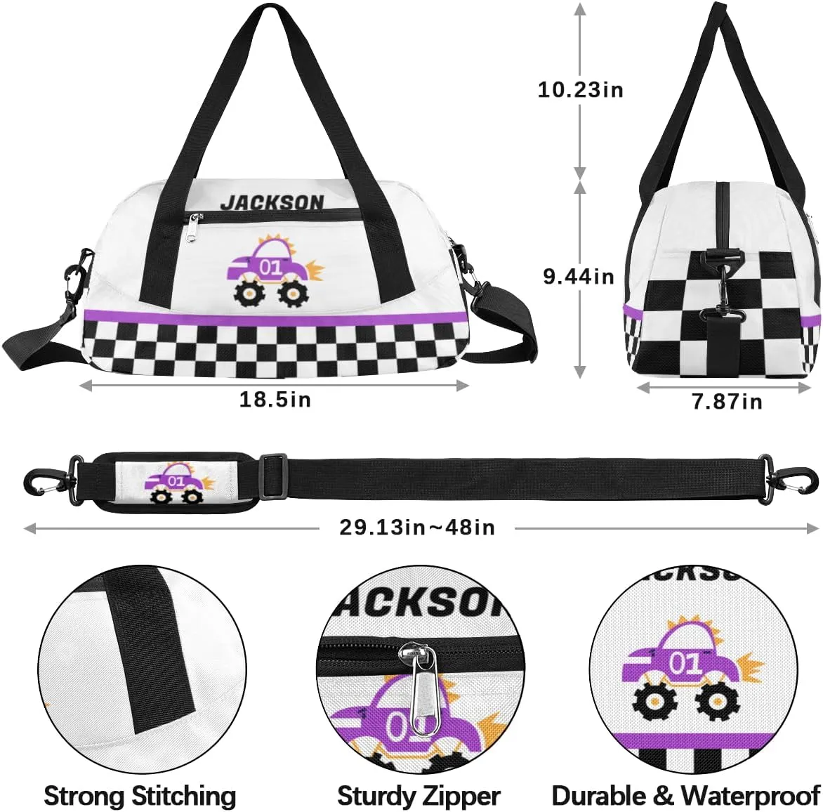 Truck Car Custom Name Kids Overnight Duffel Bags Boys Buffalo Plaid Personalized Sport Gym Bag Customized Duffel Bag for Travel Weekender Practice Gymnastics