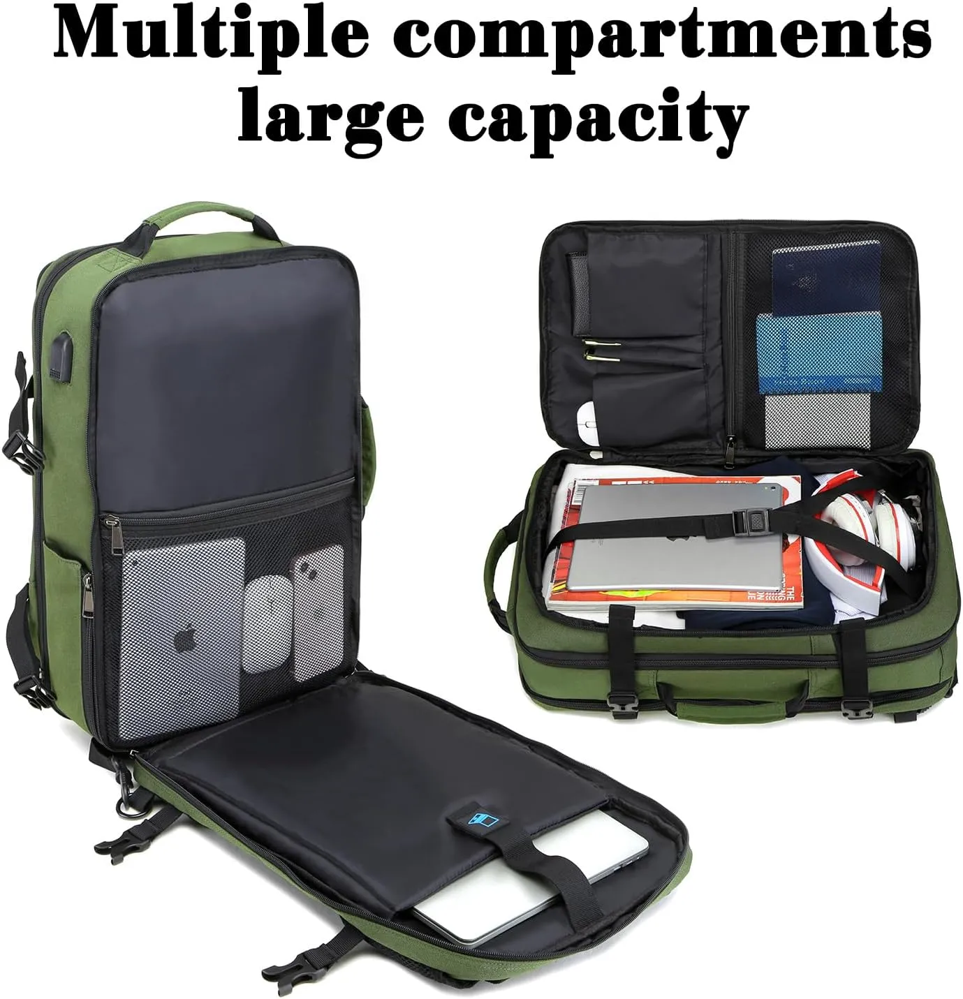 TUGUAN 17 Inch Laptop Backpack 36L Small Computer Backpack with USB Charging Port Green Business Laptop Backpacks for Men Expandable Work Backpacks for Women - Suitable for Work and Commuting