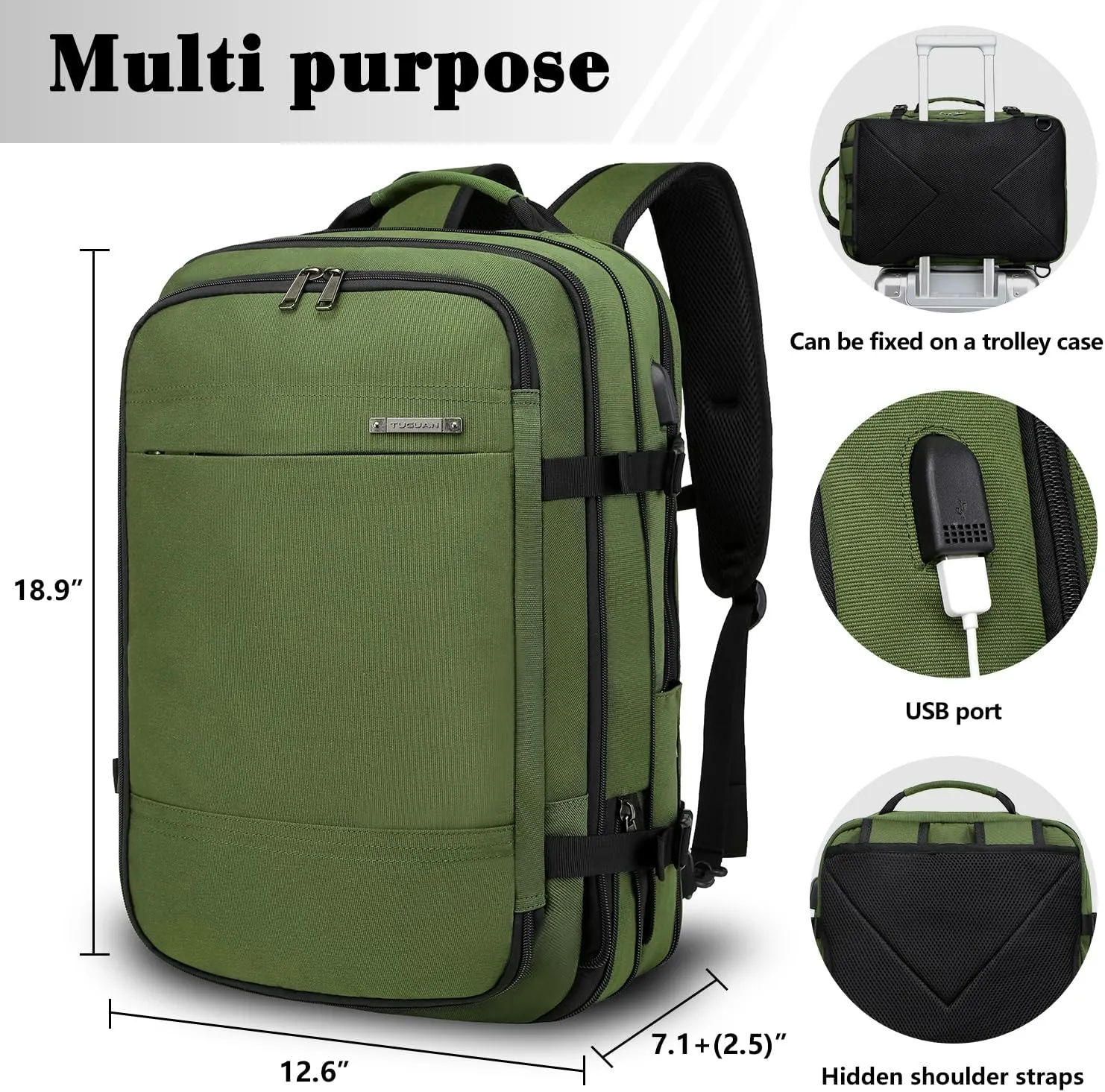 TUGUAN 17 Inch Laptop Backpack 36L Small Computer Backpack with USB Charging Port Green Business Laptop Backpacks for Men Expandable Work Backpacks for Women - Suitable for Work and Commuting