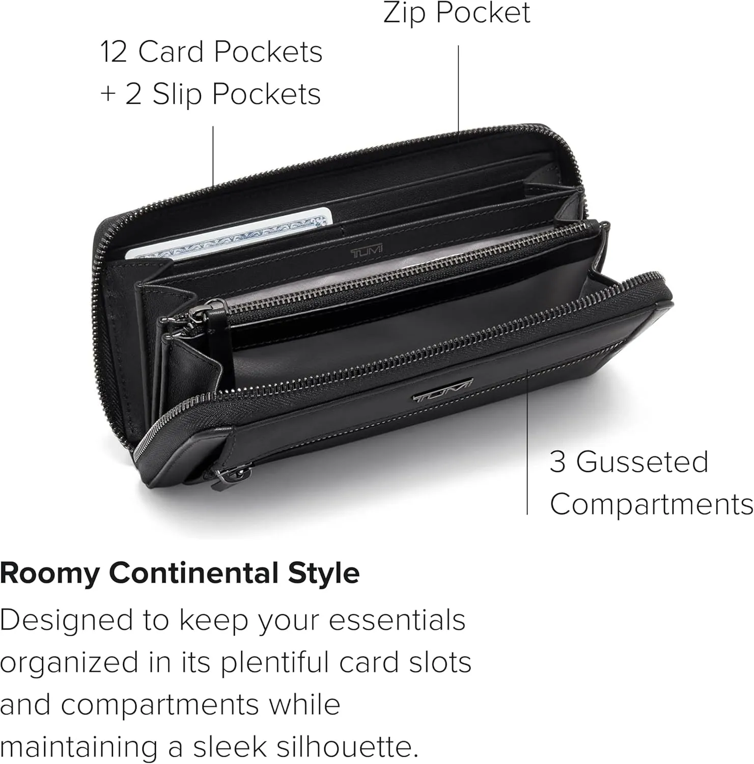 TUMI - Voyageur Zip-Around Continental - Durable Cash & Card Holder - Aesthetic Travel Wallet for Women - Gift Box Included - Black/Gunmetal