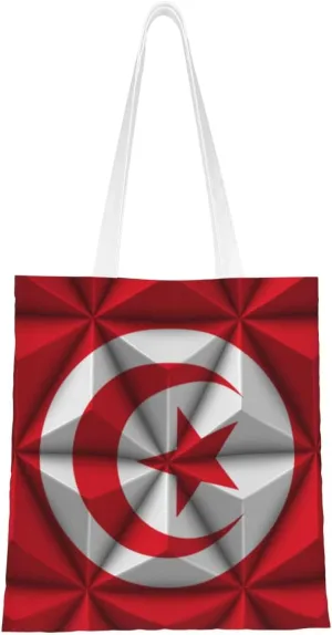 Tunisian Flag With Polygon Effect Tote Bag for Women Canvas Shopping Bags Reusable Large Capacity Casual Shoulder Handbags Grocery Bags DIY Gift Bags