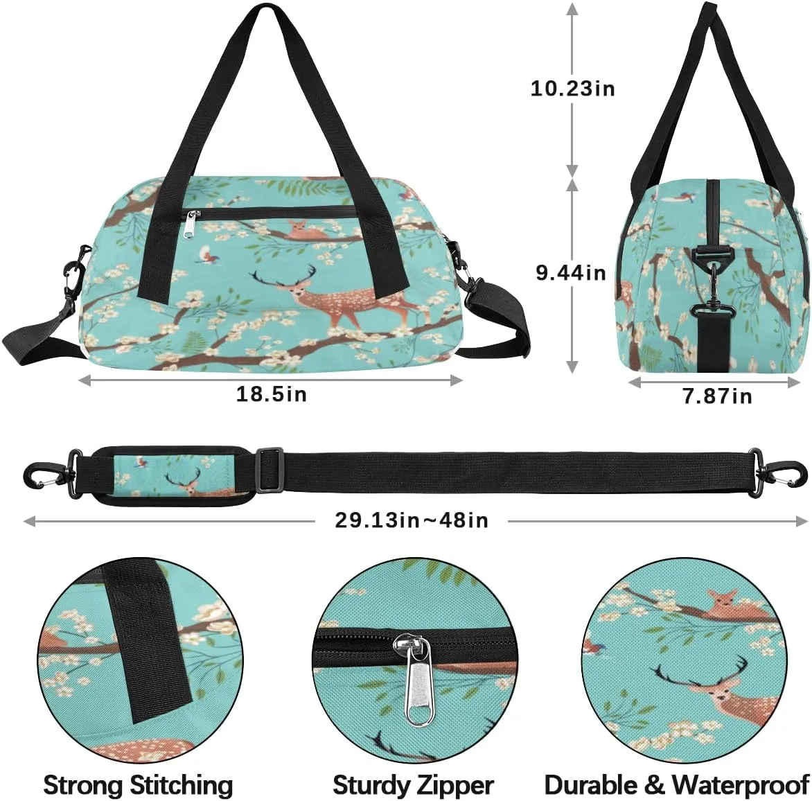 Twig Flower Deer Gym Bag, Duffle Bag, Weekender Bag, Duffel Bag, Overnight Bag, Travel Duffel Bag, Dance Bag, Tote Bag, Beach Bag, Pool Bag, Gym Duffle Bag, Carry on Bag