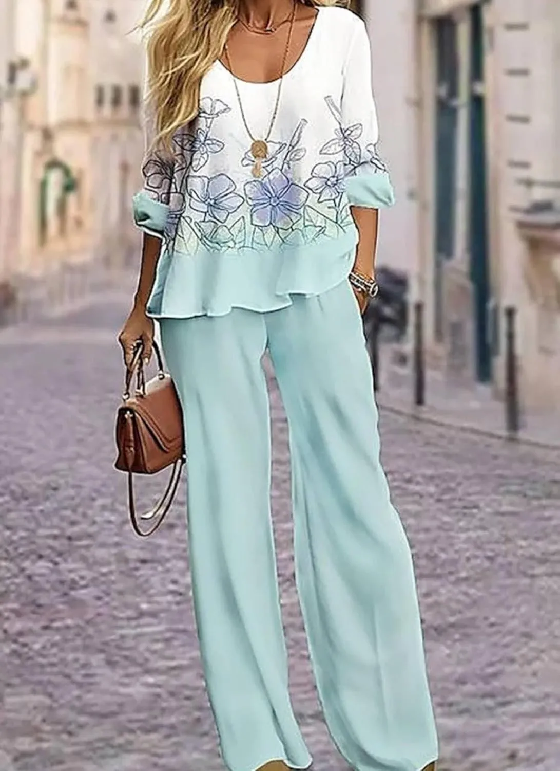 Two Piece Sets for Women Summer Outfits Lounge Sets Breezy Long Sleeve Round Neck Tops and Plain Pants Outdoor Outfits