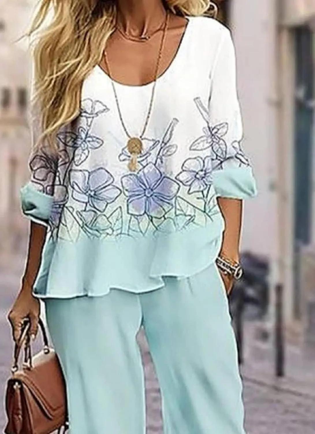 Two Piece Sets for Women Summer Outfits Lounge Sets Breezy Long Sleeve Round Neck Tops and Plain Pants Outdoor Outfits