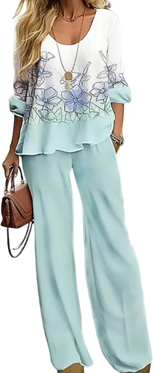 Two Piece Sets for Women Summer Outfits Lounge Sets Breezy Long Sleeve Round Neck Tops and Plain Pants Outdoor Outfits