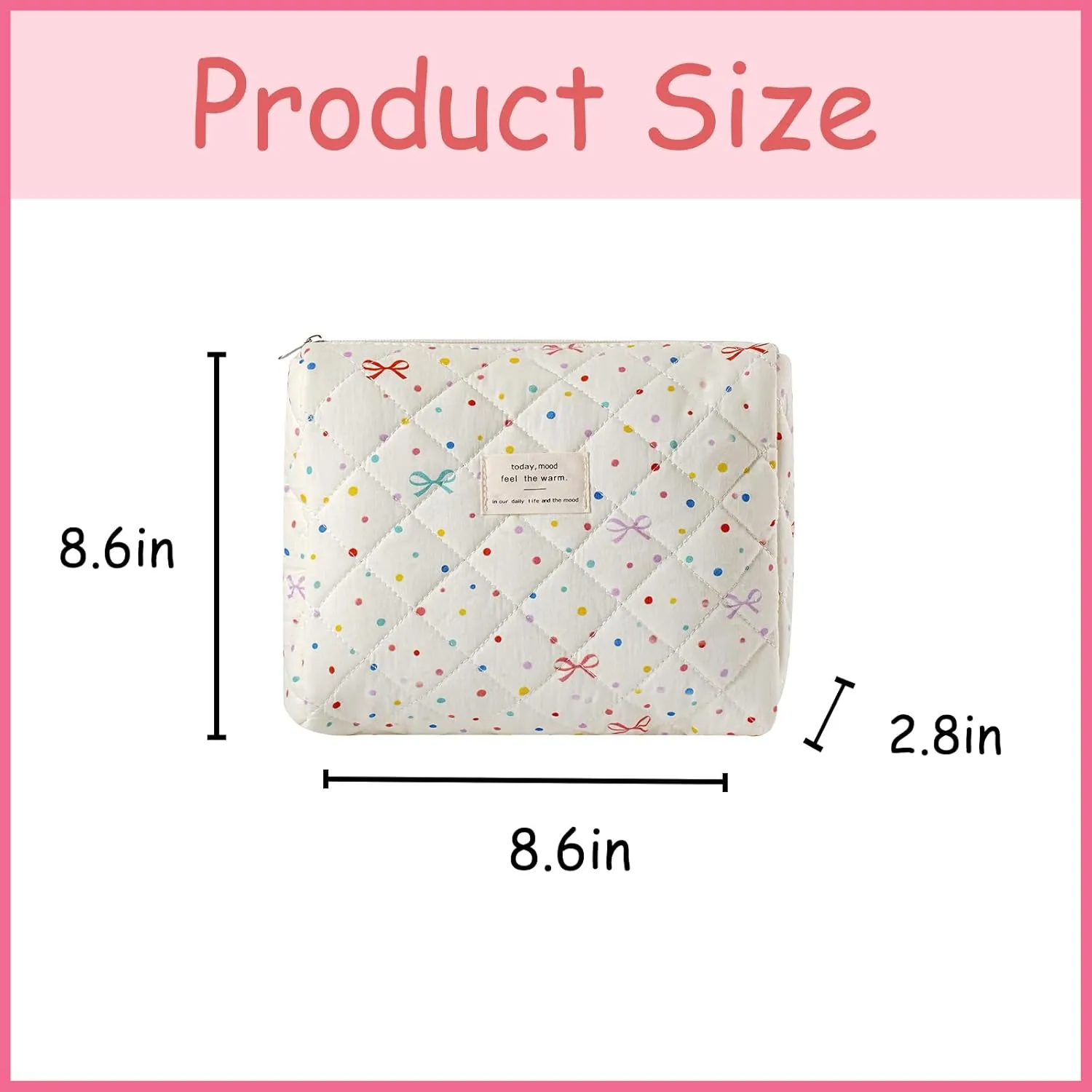 uekeboag Quilted Cotton Makeup Bag,Coquette Quilted Toiletry Bag for Women and Girls,Floral Coquette Pouch,Cute Kawaii Travel Cosmetic Bags(Dots and Bows)
