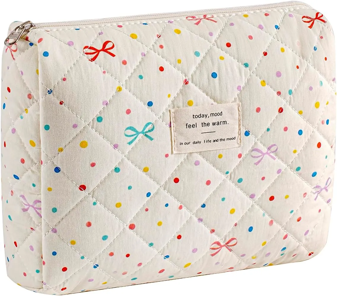 uekeboag Quilted Cotton Makeup Bag,Coquette Quilted Toiletry Bag for Women and Girls,Floral Coquette Pouch,Cute Kawaii Travel Cosmetic Bags(Dots and Bows)