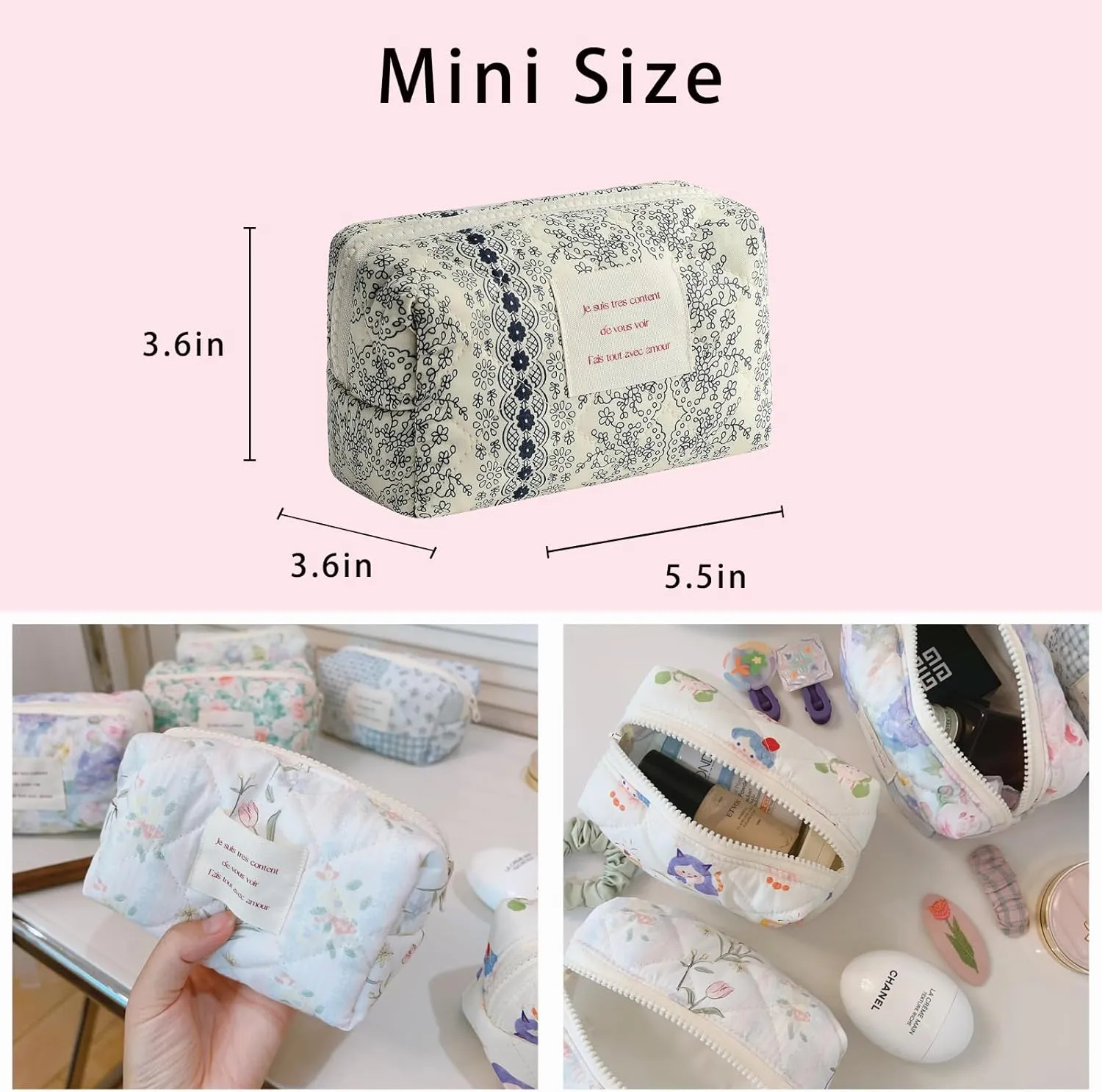 uekeboag Small Cute Floral Quilted Cotton Makeup Bag,Mini Coquette Quilted Cosmetic Pouch with Zipper,Kawaii Travel Toiletry Bags for Purse(02 Navy flower)