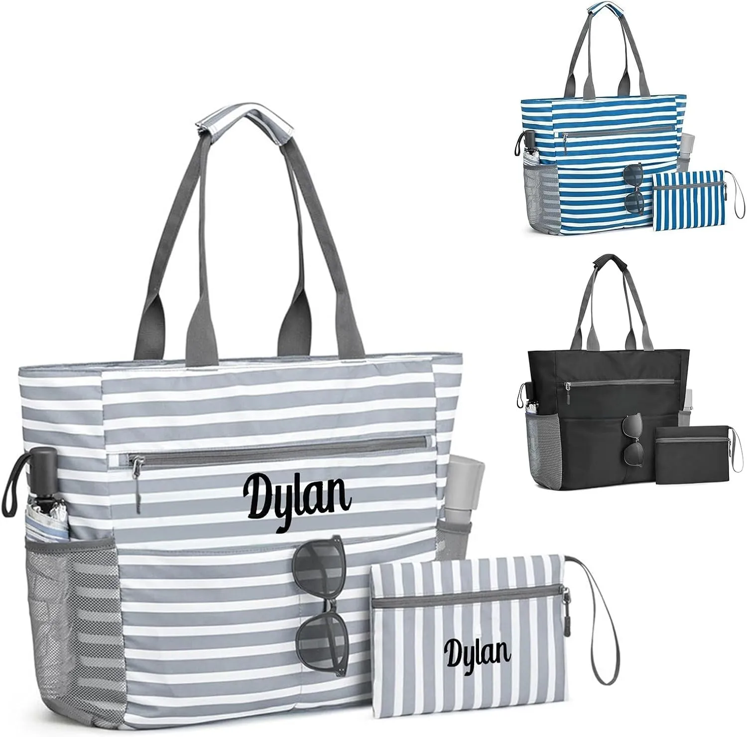 Ulico Personalzied Beach Tote Bag with Embroidered Name,Custom Large Foldable Pool Bag for Women Men-Waterproof Sandproof