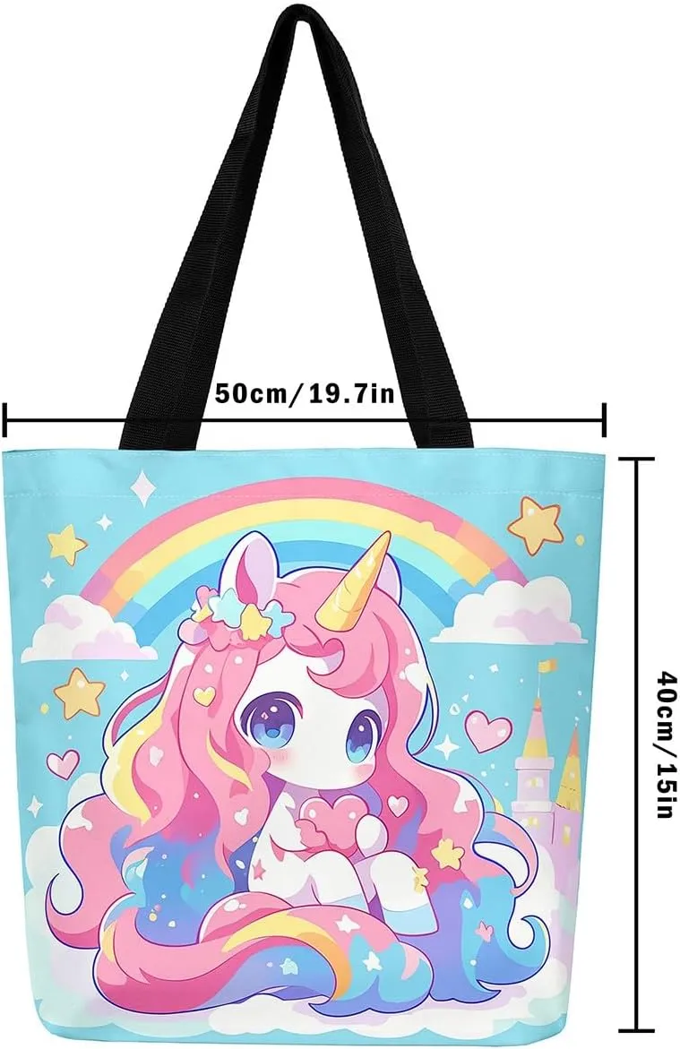 Unicorn Canvas Tote Bag Unicorns Foldable Handbag Cute Rainbow Cartoon Horse Canvas Bag Kawaii Shoulder Bag