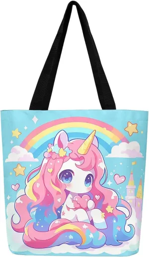 Unicorn Canvas Tote Bag Unicorns Foldable Handbag Cute Rainbow Cartoon Horse Canvas Bag Kawaii Shoulder Bag