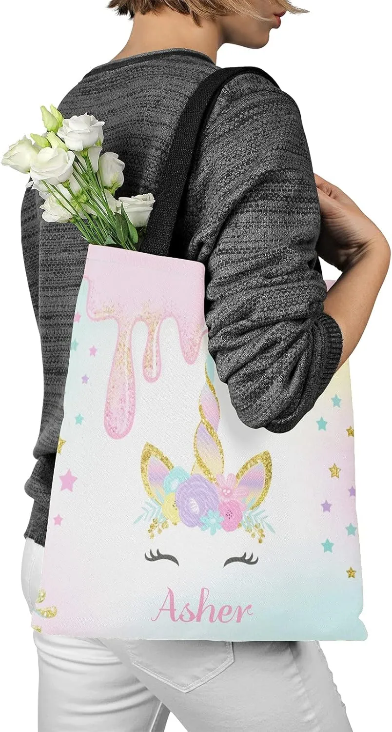 Unicorn Rainbow Personalized Canvas Tote Bags for Women Kids, Reusable Bags for Shopping,Travel,School Handbag Gift