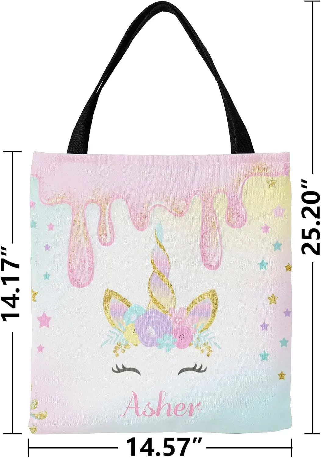 Unicorn Rainbow Personalized Canvas Tote Bags for Women Kids, Reusable Bags for Shopping,Travel,School Handbag Gift