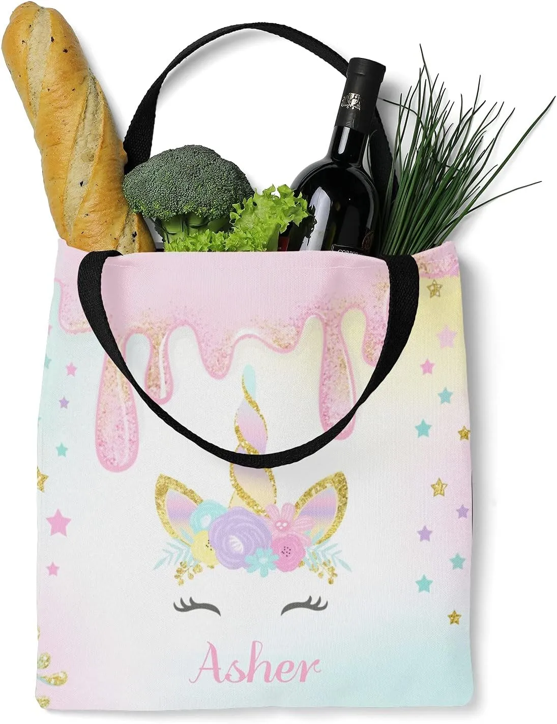 Unicorn Rainbow Personalized Canvas Tote Bags for Women Kids, Reusable Bags for Shopping,Travel,School Handbag Gift