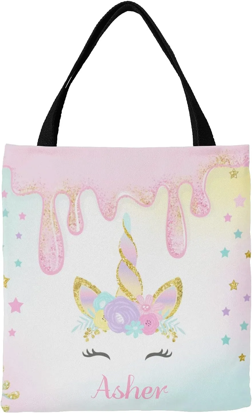 Unicorn Rainbow Personalized Canvas Tote Bags for Women Kids, Reusable Bags for Shopping,Travel,School Handbag Gift