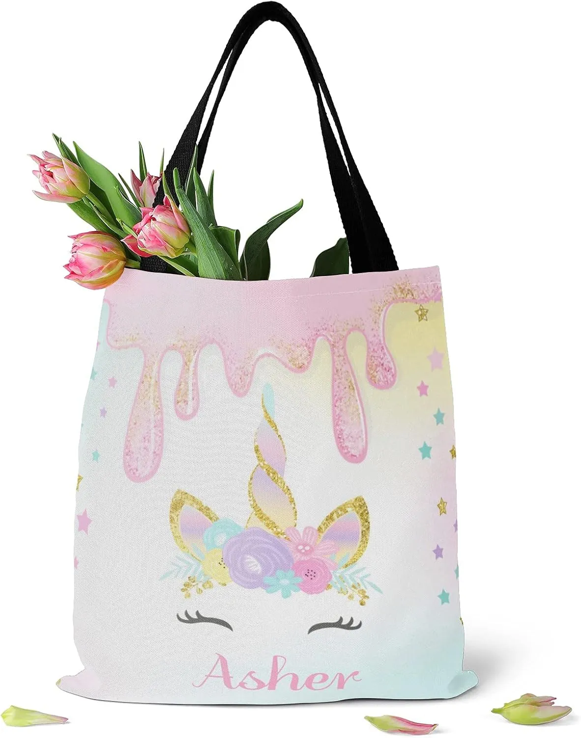 Unicorn Rainbow Personalized Canvas Tote Bags for Women Kids, Reusable Bags for Shopping,Travel,School Handbag Gift